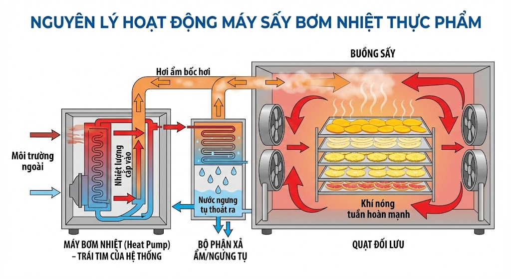 Nguyên lý hoạt động của máy sấy bơm nhiệt Nguyên lý hoạt động của máy sấy bơm nhiệt